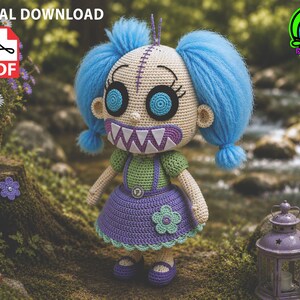 May include: A crochet doll with bright blue yarn hair in pigtails, a beige head with a stitched seam, large blue spiral eyes, and a wide mouth with sharp white teeth. The doll wears a green top, purple skirt with a flower, and purple shoes.