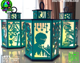 May include: A set of teal-colored lanterns with cut-out designs featuring silhouettes and symbols. The lanterns have a rectangular shape with a handle on top. The image includes the text "DIGITAL DOWNLOAD" and "STL Digital Download for 3D Printing - No Support".