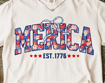 Preppy Merica EST 1776 Png, Floral American 1776 Png, Retro 4th Of July Png, Independence Day, Coquette Bow Png, Patriotic Png Sublimation