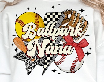 Softball Baseball Nana PNG, Ballpark Nana Retro Png, Game Day Vibes, Coquette Bow Sports Png, Checkered Baseball Nana Png, Softball Nana Png