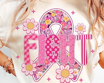 Preppy Fight Cancer Png, Breast Cancer PNG, Breast Cancer Awareness In October We Wear Pink PNG, Floral Pink Ribbon Png, Cancer Survivor Png