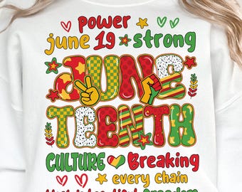 May include: White sweatshirt with a colorful graphic design that says "Juneteenth" with the words "Power", "June 19", "Strong", "Culture", "Breaking", "Every Chain", "Black is Beautiful", and "Freedom" around it.