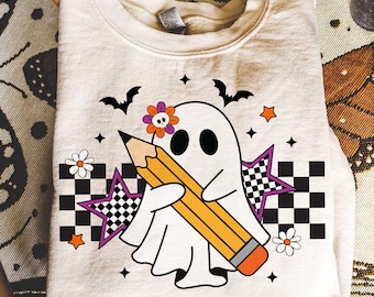 Checkered Teacher Halloween Png, Halloween Teacher Pencil Png, Trick or Teach, Funny Teacher Png, Spooky Teacher Sublimation, Cute Ghost Png