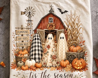 Tis The Season Png, Farmhouse Fall Ghost Sublimation, Pumpkin Patch Barn Ghost Shirt, Cottagecore Halloween Png, Cozy Fall, Digital Download
