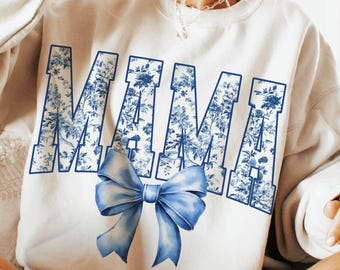 Lazo de mamá coqueta chinoiserie con flores azules PNG, Lazo de mamá con toile azul PNG, Lazo de mamá con flores para el día de la madre PNG