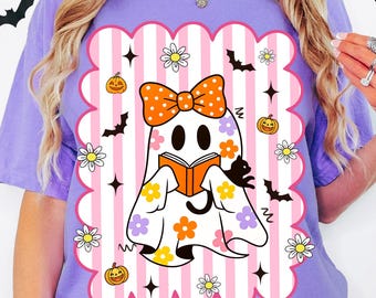 Halloween Ghost Coquette Png, Ghost Reading Books Shirt Design, Preppy Floral Ghost, Bookish Halloween Teacher Sublimation, Pumpkin Bow Png