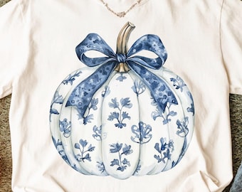 Pumpkin Floral Toile Blue Water Color Coquette Bow Png, Fall Png, Pumpkin Halloween png, Spooky Mama png, Pumpkin Png Pumpkin Autumn bow Png