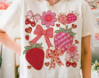 Boho Strawberry Coquette png, boho zomer png, preppy aardbeien png, aardbeifestival png, zomeraardbei png, bloemenaardbei png