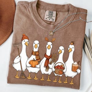 May include: A brown short-sleeve t-shirt featuring a graphic of five white geese. The geese are wearing autumn-themed accessories including a beanie, a plaid scarf, a knit scarf, and an acorn hat, while holding a rake, pumpkin, wheat, and apples.