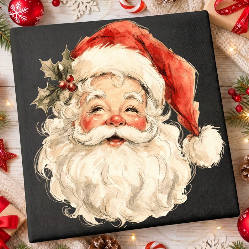 May include: A square canvas print featuring a watercolor illustration of Santa Claus on a black background. Santa wears a red hat with a white pom-pom and a sprig of holly with red berries. He has a full white beard and rosy cheeks.