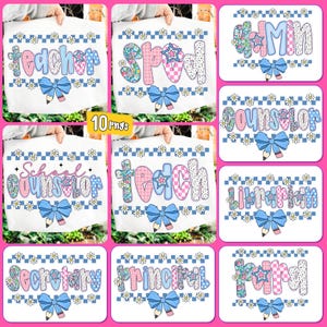 Preppy School Occupation PNG Bundle, Back to School Teacher Sped Para Counselor, Preppy First Day of School Checkered Girly Png, Teach Png