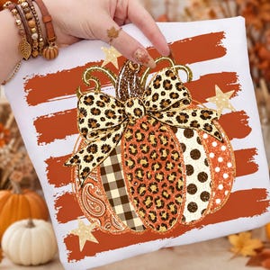 Leopard Patchwork Kürbis Png, Glam Herbst Kürbis Sublimation, Leoparden Schleife Kürbis Shirt, Pinselstrich Herbst Png, Glitter, digitaler Download
