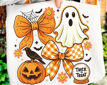 Vintage Halloween Ghost Coquette Png, Spooky Season Png, Floral Fall Pumpkin Bow Sublimation, Retro Checkered Halloween Png Witchy Vibes Png