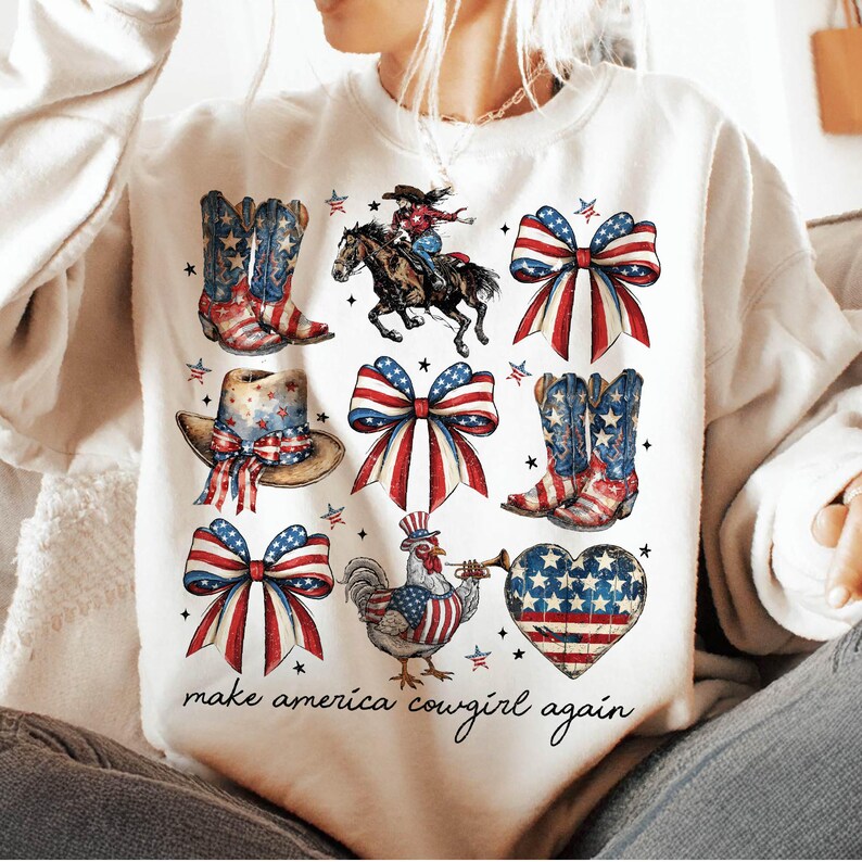 May include: White sweatshirt with a patriotic design featuring cowboy boots, bows, a horse and rider, a hat, a rooster, and a heart. The text "make america cowgirl again" is printed at the bottom.
