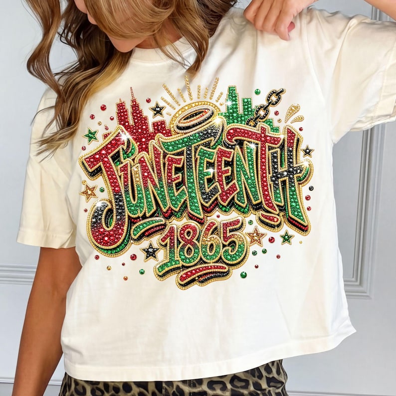 Pode incluir: Camiseta creme com um design colorido e com joias "Juneteenth 1865". O design inclui detalhes em vermelho, verde e preto, juntamente com uma paisagem urbana e estrelas. A camisa &eacute; um estilo casual de manga curta.