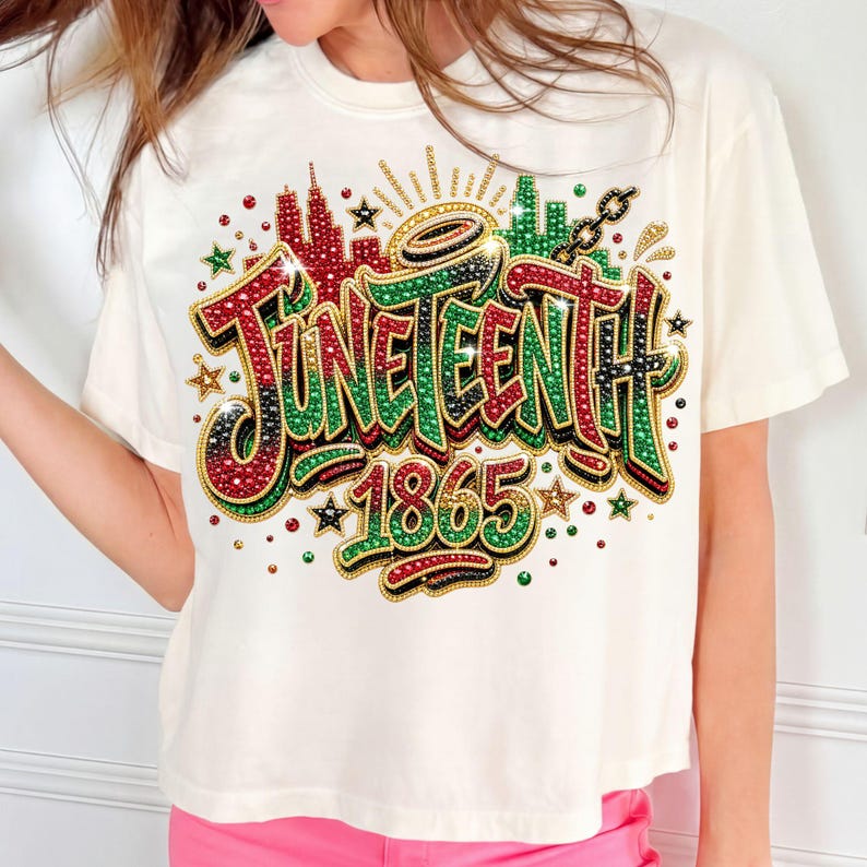 Pode incluir: Camiseta creme com um design gr&aacute;fico colorido. O design inclui a palavra "Juneteenth" em vermelho, verde e preto, juntamente com o ano "1865". O design &eacute; adornado com detalhes brilhantes e formas de estrela.