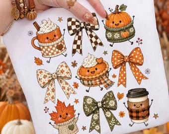 Coquette Fall Doodles Png, Kawaii Autumn Bows Coffee Pumpkin Sublimation, Cottagecore Fall Shirt, Cozy Autumn Vibes Png, Digital Download
