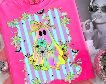 Fantasma iridiscente de coqueta preppy, PNG, camiseta de Halloween, PNG, Halloween femenino, PNG, calabaza fantasma de neón, PNG, fantasma lindo, PNG, diseño de Halloween Boo