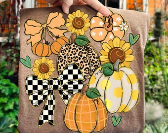 Preppy Pumpkin Png, Rustic Fall Pumpkin Png With Sunflowers, Coquette Autumn Checkered Bow Png, Thanksgiving Shirt, Boho fall png Girly Fall
