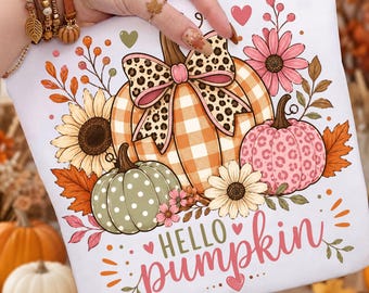 Hello Pumpkin Png, Coquette Fall Pumpkin Sublimation, Leopard Bow Gingham Pumpkin Shirt, Preppy Autumn Png, Girly Fall, Digital Download
