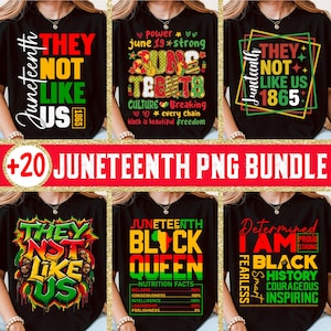 Może przedstawiać: Kolekcja czarnych koszulek z motywami Juneteenth. Koszulki zawierają frazy takie jak "They Not Like Us" i "Black Queen", a także elementy graficzne w kolorach czerwonym, ż&oacute;łtym, zielonym i czarnym. Widoczny jest r&oacute;wnież tekst "+20 Juneteenth PNG Bundle".