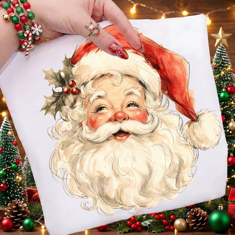 May include: A white fabric item featuring a watercolor-style illustration of Santa Claus wearing a red hat with a white pom-pom, accented by green holly leaves and red berries near the top left corner of the detailed, smiling face.