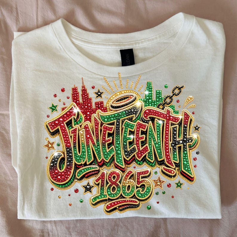 Pode incluir: Camiseta branca com um design Juneteenth colorido. O design inclui a palavra "Juneteenth" em vermelho, verde e preto, juntamente com o ano "1865". O design &eacute; embelezado com strass e estrelas.