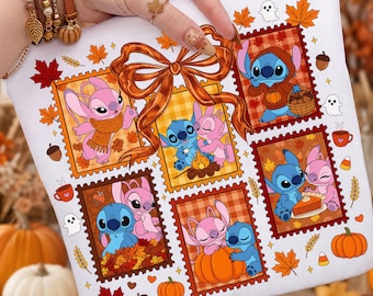 Preppy Fall Blue Alien Cartoon Friends Png, Autumn Season Png, Cute Fall Friends Png, Cozy Couple Shirt, Digital Download