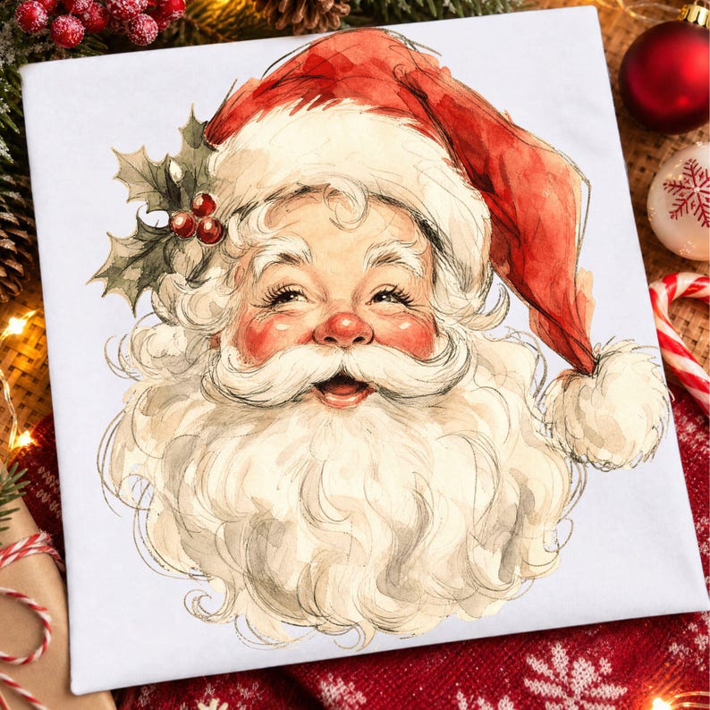 May include: A square white canvas featuring a watercolor illustration of Santa Claus. He wears a red hat with a white pom-pom and has a thick white beard. A sprig of green holly with three red berries is tucked into the side of his hat.