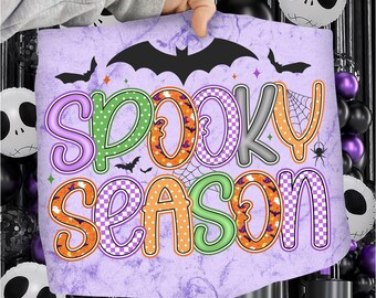 Temporada espeluznante preppy PNG, diseño de sublimación de Halloween retro espeluznante, lazo de calabaza de murciélago fantasma femenino, PNG de otoño, sublimación de Halloween de moda