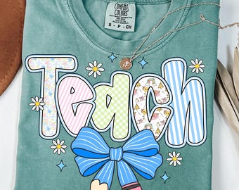 Coqueta floral para maestra preppy (PPT), diseño floral azul para enseñar (PPT), diseño personalizado (PPT), diario (PPT), lazo para lápiz, sublimación a cuadros