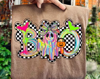 Fantasma assustador Boo PNG, Sublimação de Halloween rosa neon, Laço de Halloween feminino coquete, Camisa de Halloween com glitter elegante PNG, Abóbora de outono retrô