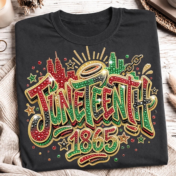 Juneteenth 1865 Faux Rhinestone PNG, Bling Graffiti Freedom Shirt, Cityscape Broken Chain Stars, June 19 Design, Digital Download