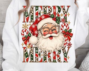 Merry Merry Santa Png, Leopard Winking Santa Claus, Retro Christmas Candy Cane, Holly Bow Holiday Sublimation Png