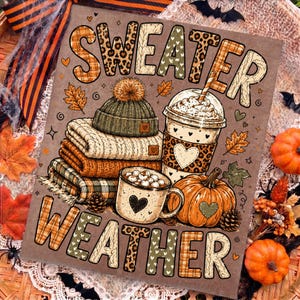 Sweater Weather Png, Preppy Leopard Fall Coffee Sublimation, Cozy Autumn Sweater Latte Shirt, Pumpkin Plaid Fall Png, Digital Download image 2