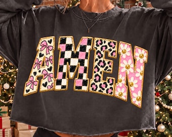 Amen Png, Coquette Christian Sublimation Design, Leopard Checkered Daisy Varsity Letters, Faith Shirt Png for Women