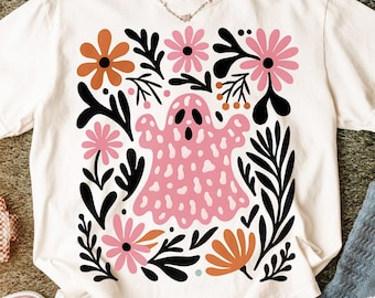 Boho Ghost PNG, Pink Halloween Sublimation, Floral Spooky Season Shirt Design, Boho Floral Fall Png, Preppy Fall Download Png