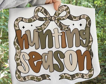 Camo Hunting Season PNG, Preppy Deer Hunting Png, Duck Hunter Sublimation Design, Coquette Hunting Shirt PNG, Hunting Season Girl Fall Bow