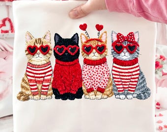 Latch Hook Yarn Preppy Valentine Cats PNG, Valentine Cat PNG, Heart Love Cat Valentine, Trendy Valentines Day Shirt PNG Cute Cat Lover Png