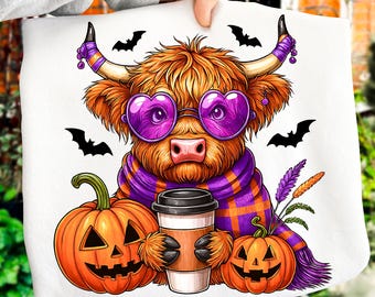 Söt höstko med höglandsko png, Halloween-spöksäsong png, höstko-tröja png, Bu-höglandsko-sublimering, höstpumpa png, koälskare png