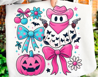 Preppy Pink Cowboy Ghost Png, Coquette Western Halloween Shirt Design, Girly Pink Pumpkin Bow Png Floral Spooky Season Png Howdy Cowgirl Png