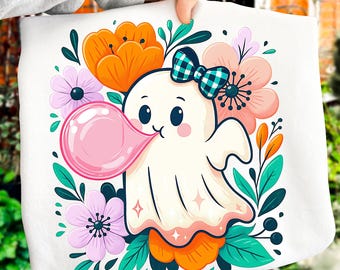 Floral Pink Ghost Halloween Png, Cute Ghost Blowing Bubble Png, Spooky Season Png, Pastel Halloween Sublimation, Boho Pumpkin Shirt Design