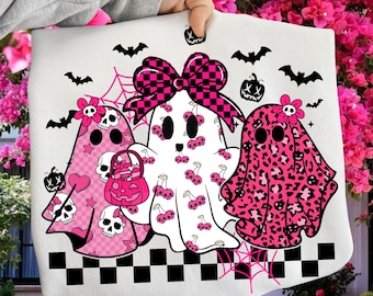 Retro Pink Leopard Pumpkin Ghost PNG, Halloween Girly Ghost Sublimation, Retro Checkered Ghosts Pumpkin Cherries PNG, Cute Spooky Design