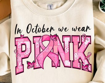 In oktober dragen we roze png, Breast Cancer Warrior png, roze patchwork png, roze lint png, Fight Cancer png, Breast Cancer Awareness-shirt