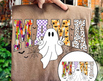 Halloween Mama Mini PNG, Preppy Halloween-rutig PNG, Spooky Mama PNG, Spooky Season PNG, Halloween-söt neonspöke, digital design