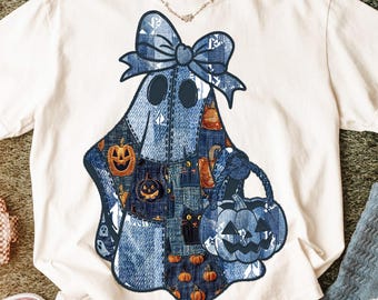 Retro Halloween Blue Denim Png, Trendy Patchwork, gruseliger Geist Png, Süßer Boo Geist, Kokette Png, Herbst Kürbis Png, Gruselige Jahreszeit Png