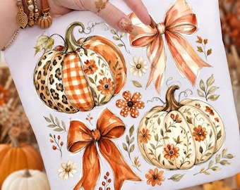 Coquette Fall Pumpkin Png, Watercolor Leopard Gingham Pumpkin Sublimation, Girly Autumn Bow Shirt, Floral Fall Png, Digital Download