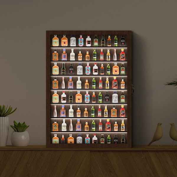 Mini Bar shelf, Liquor Display Cabinet, Shooter Wall Rack Holder, Shot glass display case, Shotglass Mini display shelf with door