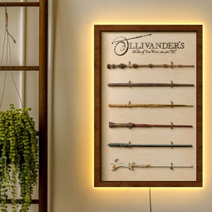 Può includere: Una stampa incorniciata di un cartello in legno con il testo "Ollivanders Makers of Fine Wands since 382 BC" e un'esposizione di sette bacchette diverse.