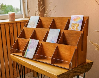 Retail display stand, Market showcase, Greeting card rack, Shop display stand, Postcard rack display, Art print display, Sticker display